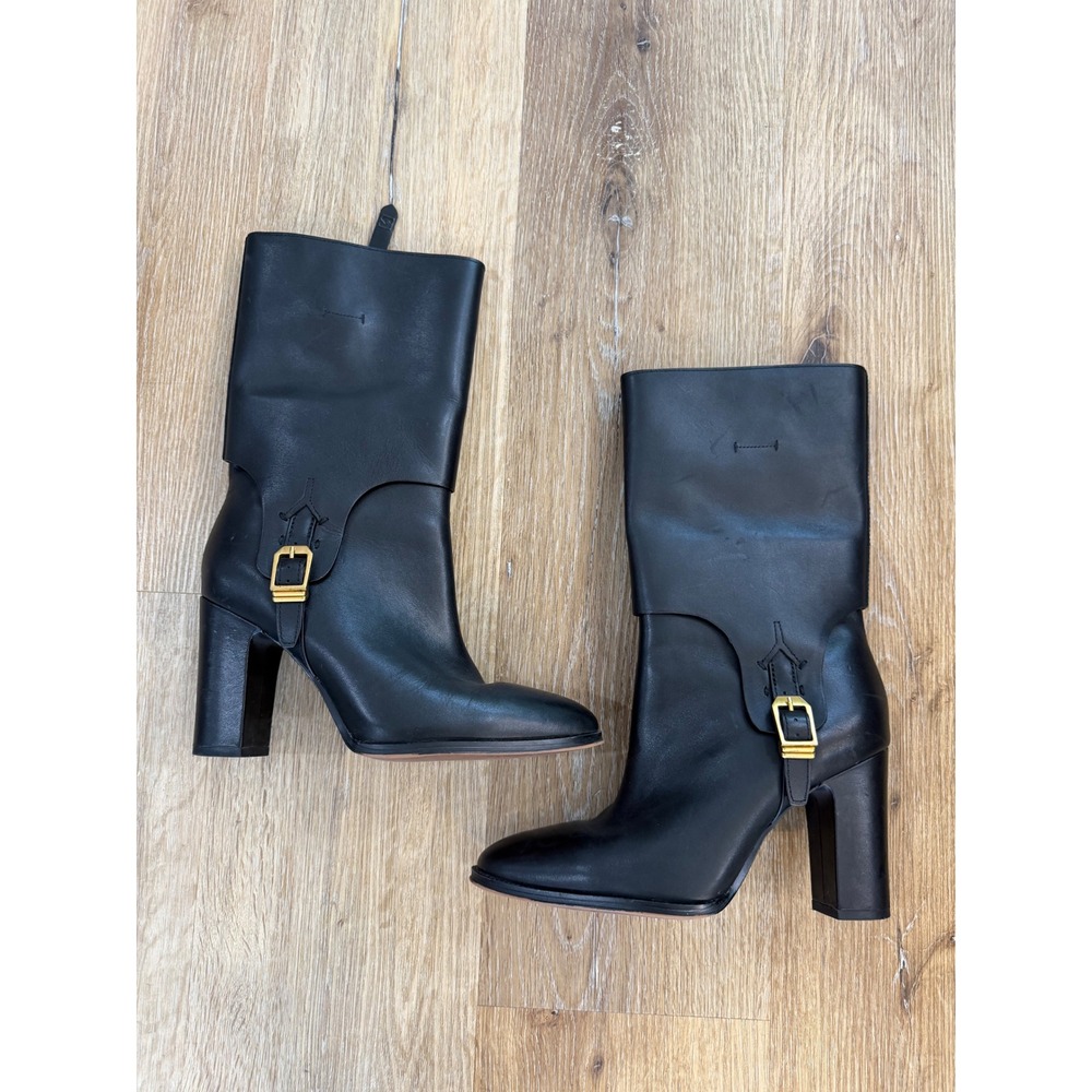 Franco Sarto Minimalist Wyatt Boots Women 8M Black Leather Block Heel Buckle